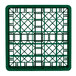 A green plastic Vollrath Traex glass rack with 25 compartments and a grid pattern.
