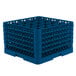 A Vollrath blue plastic rack with many compartments for glasses.