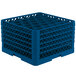 A blue plastic Vollrath Traex glass rack with 30 compartments and open extender on top.