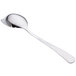 A silver Mercer Culinary saucier spoon with a handle and tapered spout.