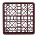 A Vollrath Traex full-size burgundy plastic rack with many rows of holes.