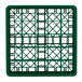 A green plastic Vollrath glass rack with compartments and a grid pattern.