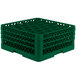 A green plastic Vollrath Traex glass rack with 30 compartments and an open rack extender on top.