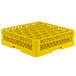 A yellow Vollrath Traex glass rack with 30 compartments and open rack extender on top.