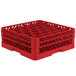 A red plastic Vollrath Traex glass rack with 30 hexagonal compartments.