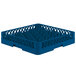 A blue plastic Vollrath Traex glass rack with 30 compartments and a grid pattern.