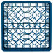 A Vollrath Royal Blue plastic glass rack with 30 compartments and a grid pattern.