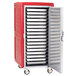 A red and silver Metro C5 hot/cold holding cabinet with trays inside.