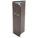 A brown leather Menu Solutions Royal Select menu cover with gold trim on a table in a winery cellar.