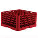 A red plastic Vollrath Traex glass rack with rows of empty compartments.