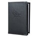 A black leather Menu Solutions Royal Select Series menu cover with a logo on it.