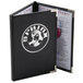 A black leather Menu Solutions Royal Select menu cover with a black and white logo on a counter.