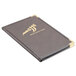 A brown leather Menu Solutions Royal Select Series menu cover with gold trim.