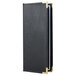 A black leather Menu Solutions Royal Select menu cover with gold trim.
