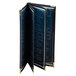 A Menu Solutions Royal Select Series leather-like menu cover in blue with black and gold trim.