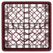 A Vollrath Traex burgundy glass rack with square compartments.