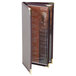 A Menu Solutions Royal Select Series menu card holder with a brown leather cover.