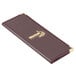 A brown leather-like Menu Solutions Royal Select menu cover with gold trim.