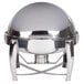 A Vollrath round stainless steel chafer with a round lid and metal base.
