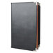 A black leather Menu Solutions Royal Select menu cover with orange trim.