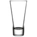 A clear Libbey beverage glass with a black rim.