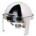 A silver round metal Vollrath chafer with a dome lid.