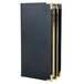 A black leather folder with gold corners.