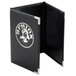 A black leather-like Menu Solutions menu cover with a white logo.