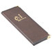 A brown rectangular Menu Solutions Royal Select leather-like menu cover with gold writing.
