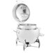 A silver Vollrath round stainless steel soup chafer with a lid.