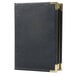 A black leather Menu Solutions booklet with gold corners.
