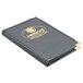 A black Menu Solutions leather-like menu cover with gold text.