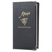 A black Menu Solutions Royal Select leather-like menu cover with gold writing on a counter.