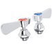 A pair of chrome and blue metal faucet valves.