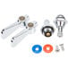 A group of chrome metal faucet repair parts including circles and valves.