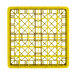 A yellow plastic Vollrath glass rack with many rows of plastic bars.