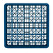 A Vollrath Royal Blue plastic glass rack with 49 compartments on a grid pattern.