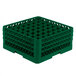 A green plastic Vollrath Traex glass rack with 49 compartments.