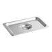 A stainless steel Choice 1/4 Size Steam Table Pan Cover on a stainless steel pan.
