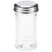 A clear glass jar with an American Metalcraft silver lid.