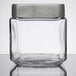 An Anchor Hocking square glass jar with a brushed aluminum lid.