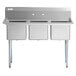 A Regency stainless steel three compartment commercial sink with galvanized steel legs.