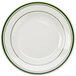 A white Tuxton china plate with green bands.