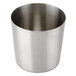 A brushed stainless steel cup with a white background.