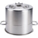 A silver metal Robot Coupe stainless steel bowl with handles.