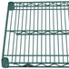A Metroseal green wire shelf with two metal bars.