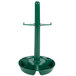 A green plastic object with a round base and a pole with a green handle.