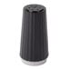A black disposable pepper shaker with a black lid and silver accents.