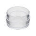 A clear plastic container with a round white lid.