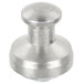 A close-up of a stainless steel round rest button with a round cap.